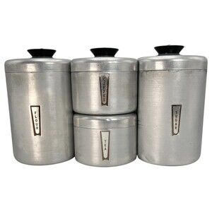 Set of 4 Aluminum Kitchen Canisters 2 Stackable Label Flour Sugar Coffee Tea MCM